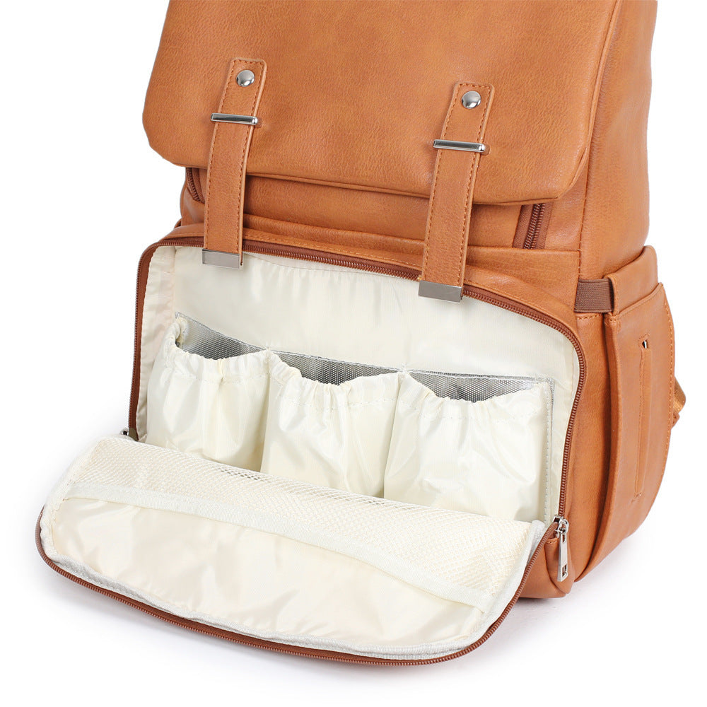 PU Leather Mummy Backpack – Light Brown, 36–55L Large Capacity