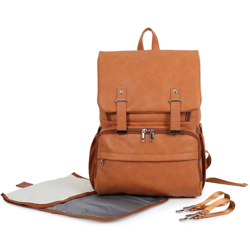 PU Leather Mummy Backpack – Light Brown, 36–55L Large Capacity