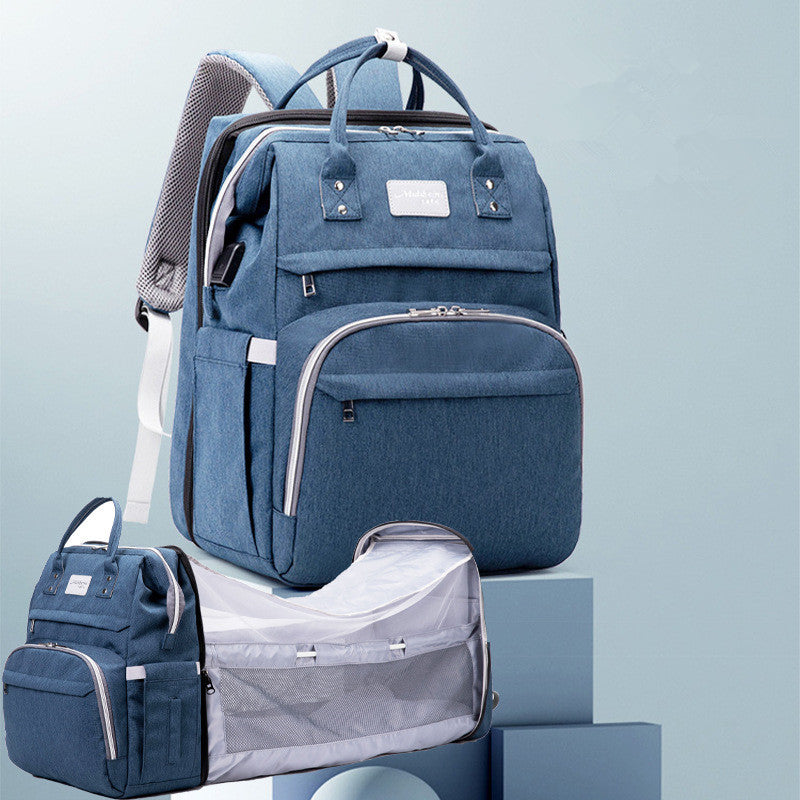 Multifunctional Maternity Diaper Backpack with Foldable Baby Crib & Mosquito Net