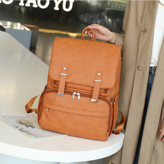 PU Leather Mummy Backpack – Light Brown, 36–55L Large Capacity