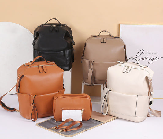 Casual PU Leather Mommy Backpack – 36-55L Spacious Baby Bag