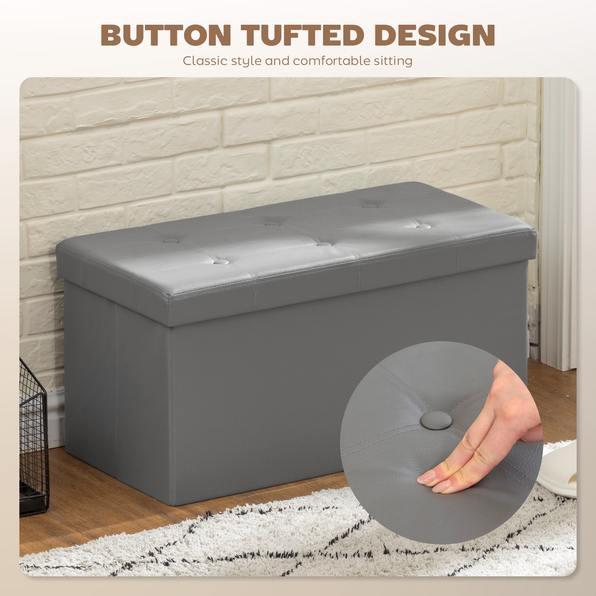 Storage Ottoman Bench, 89L PU Leather Folding Foot Rest Stool, End Of Bed Bench, Easy Assembly, For Living Room, Bedroom, Entryway, Grey