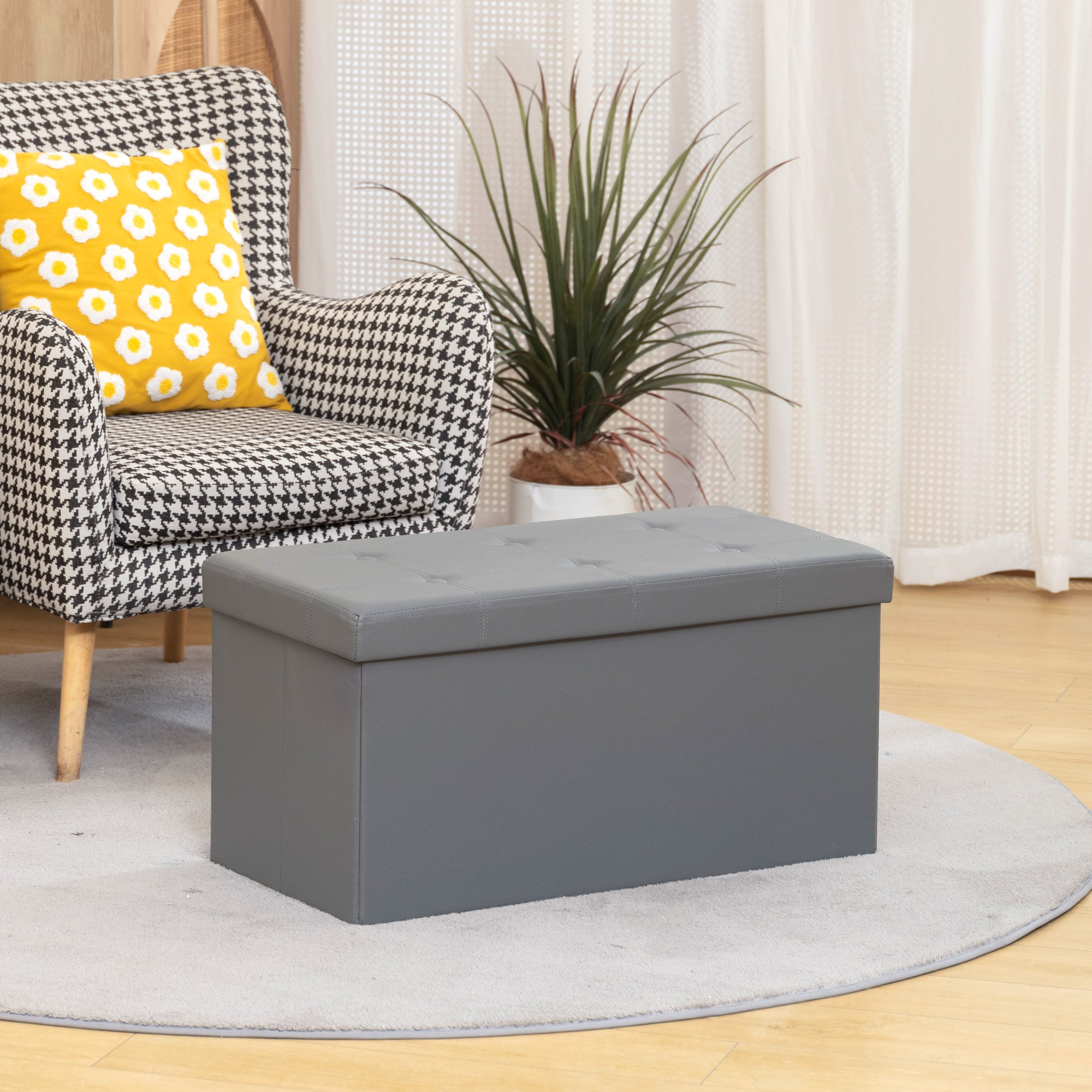 Storage Ottoman Bench, 89L PU Leather Folding Foot Rest Stool, End Of Bed Bench, Easy Assembly, For Living Room, Bedroom, Entryway, Grey